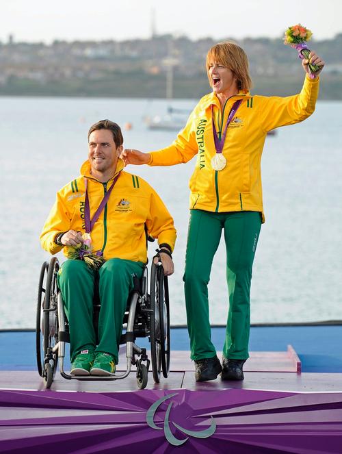 Australian London Paralympic gold medalists Dan Fitzgibbon & Liesl Tesch celebrate their win  &copy; onEdition http://www.onEdition.com